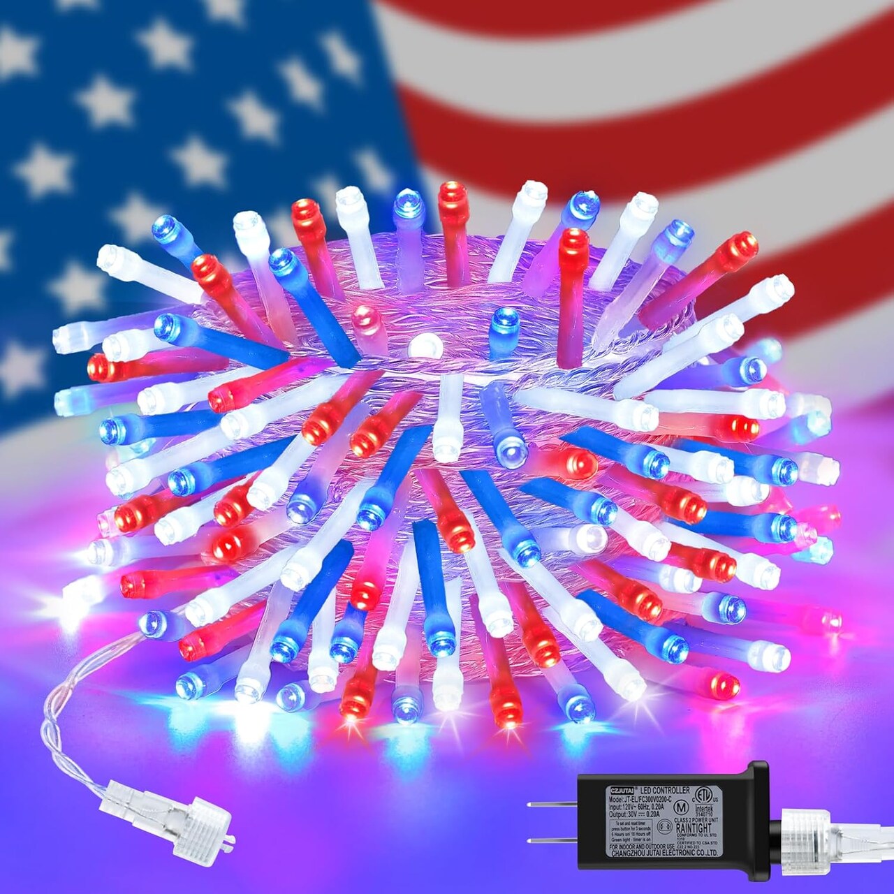 32ft Patriotic LED String Lights - 100 LED July 4th Decor, 8 Modes & Timer, Red White & Blue